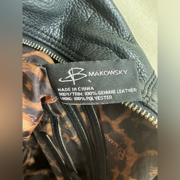 B. Makowsky Black Leather Satchel Leopard Interior - Picture 7 of 10